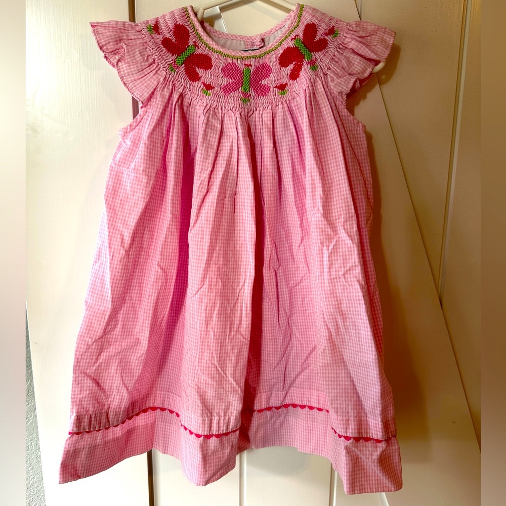 Girls 2T Pink Butterfly Smocked Bishop Dress